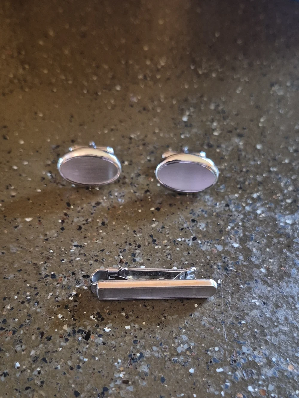 Polished Silver Oval Cufflinks with Matching Tie Clip